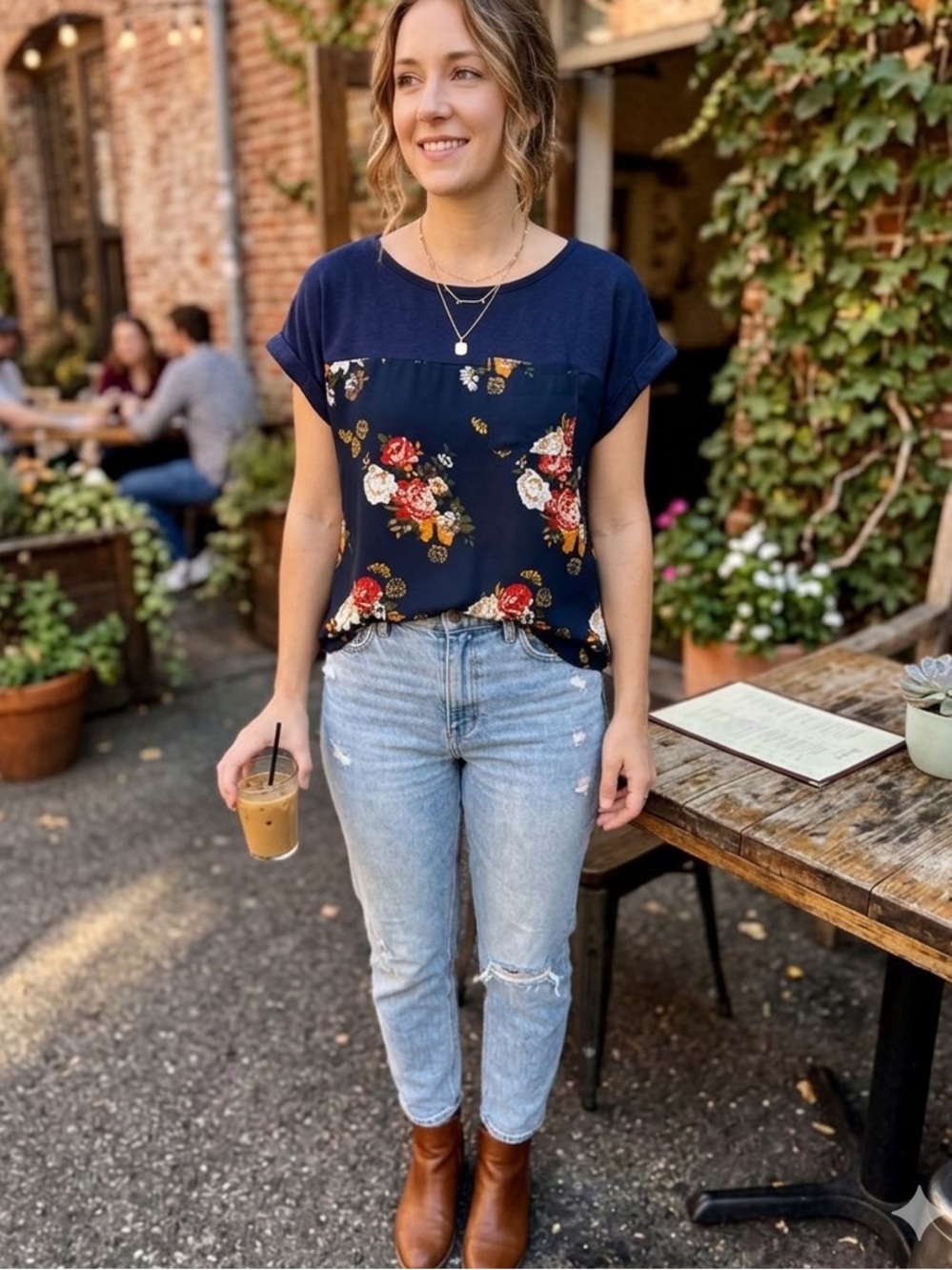 Mason & Belle Mixed Media Floral Cuffed Sleeve Top | Women’s Small